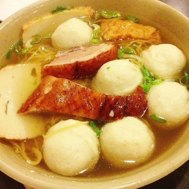 Fishball noodle soup with roast duck in Chinatown