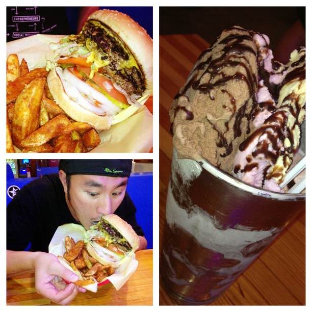 Double cheeseburger and a Neapolitan shake at Hodad’s