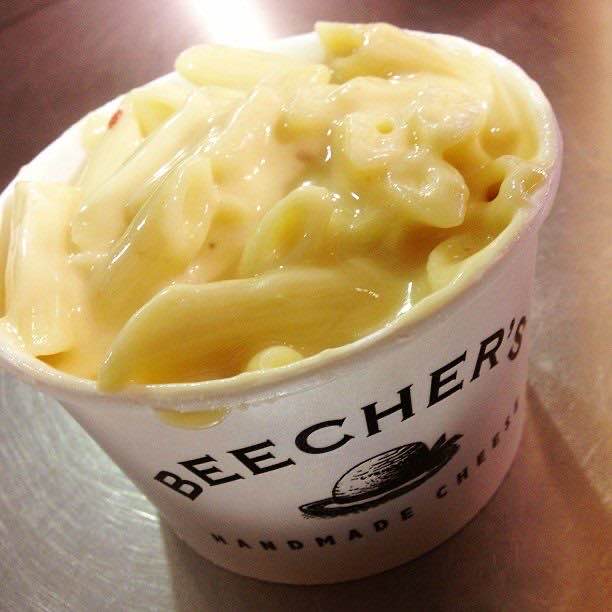 Beecher’s mac and cheese and a salmon piroshky at Pike Place