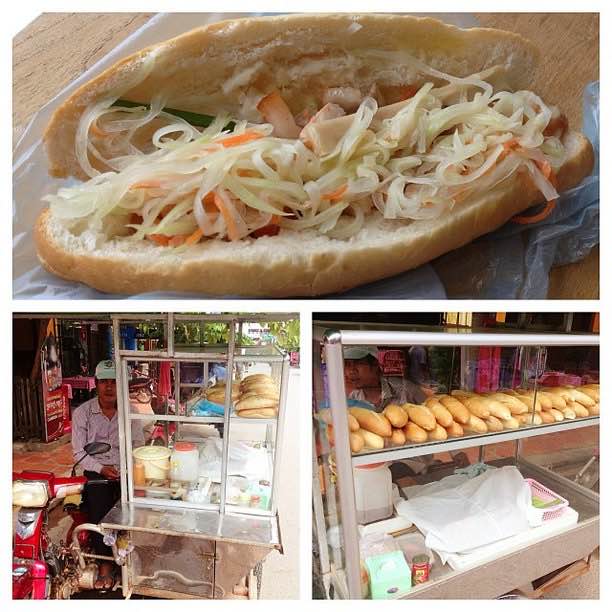 Khmer-style bánh mì from a bicycle cart
